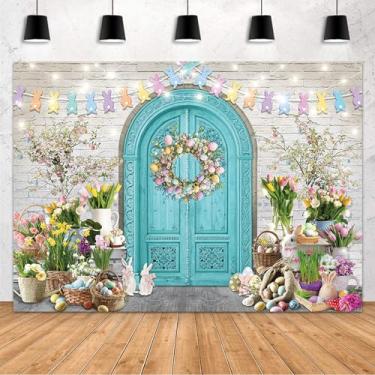 Imagem de MEHOFOND Pano de fundo de Páscoa de 2,1 x 1,5 m, fundo de fotografia de Páscoa, portas de madeira azul, parede de tijolo, coelho, coelho, cenários de fotografia de primavera, artigos de decoração de