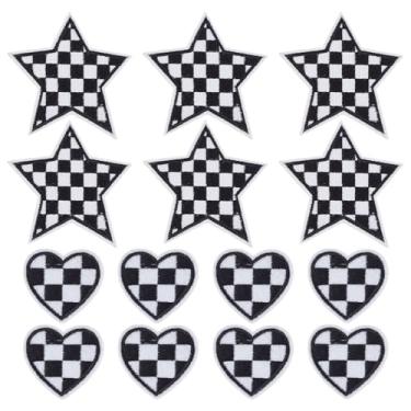 Imagem de letsinstyle 14 peças de adesivos de coração xadrez preto e branco, adesivos de corrida, estrelas de ferro em aplique bordado, aplique decorativo para roupas, jaquetas, chapéus, jeans