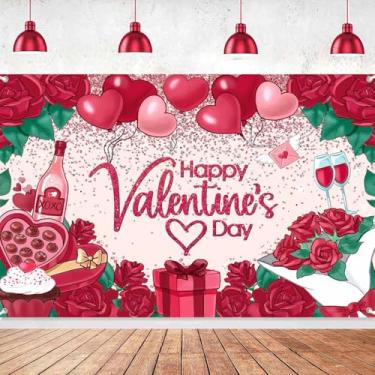 Imagem de LDWLYW Faixa de fundo Happy Valentine's Day, suprimentos para decoração de dia dos namorados, balões de coração vermelho, rosas de champanhe, tema de amor, fotografia de fundo, decoração de parede