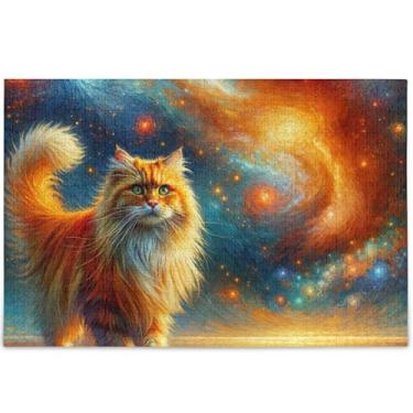 Imagem de Quebra-cabeça com estampa de gato espacial 500 peças para adultos amantes presentes família quebra-cabeça personalizado diversão família cenário arte animal, 52 cm x 37,8 cm