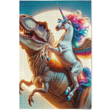 Imagem de Quebra-cabeça fofo de unicórnio dinossauro 1000 peças para adultos desenho animado arte animal paisagem quebra-cabeça personalizado jogo de presentes tecnológicos, 75 cm x 50 cm
