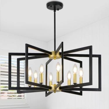 Imagem de WBinDX Lustre preto e dourado, luminária moderna para sala de jantar de 8 luzes, grande pingente geométrico, lustres pendurados de metal para hall de entrada, sala de estar quarto