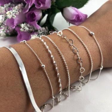 Imagem de Promoção 7 Pulseiras Prata Maciça 925 Laminada Bolinha Elo - Lojas La&