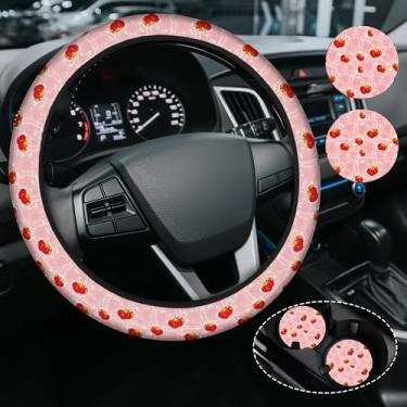 Imagem de Capa de volante com estampa de tomate, capa de volante de neoprene antiderrapante, acessório de carro rosa para mulheres e meninas, ajuste universal de 38 cm, SUVS, inclui 2 porta-copos de cerâmica