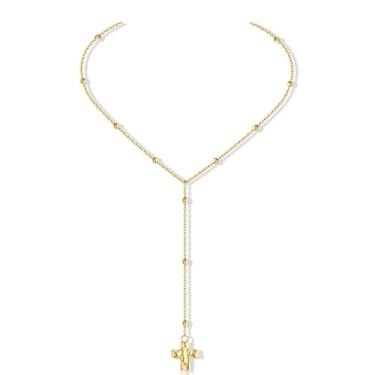 Imagem de Moodear Colar de cruz longa para mulheres – Colar com pingente de crucifixo banhado a ouro 14K delicado Lariat Rosarios Catholic Virgin Mary Beaded Y Chain Christian Jewelry Gift for Her, Banhado a