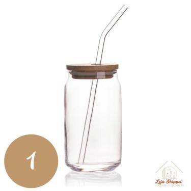 Imagem de Copo de Vidro 500ml com Tampa Bambu e Canudo Reutilizável para Bebidas