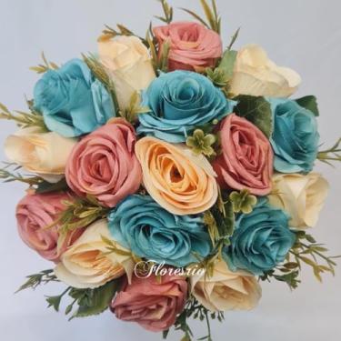 Imagem de Buquê de Noiva Artificial com Flores Coloridas para Casamento Civil ou Religioso(Azul/Creme/Dusty Rose)