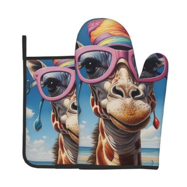 Imagem de Conjunto de luvas de forno com estampa de girafa no chapéu, conjunto de 2 peças, adequado para cozinhar, assar e grelhar ao ar livre