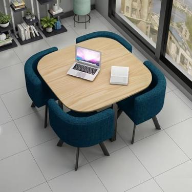 Imagem de Conjunto de cadeiras de mesa de jantar de 5 peças, combinação de mesa de recepção e cadeira, 1 mesa e 4 cadeiras, para bar escritório varanda biblioteca hall (azul, 80 cm/31,5 pol)
