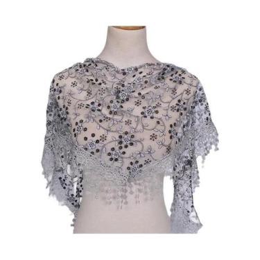 Imagem de Lenço Triangular Feminino 125x36cm Com Borlas, Bordado Floral Em Renda