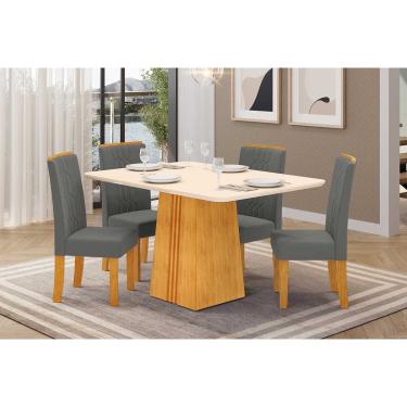 Imagem de Conjunto: Mesa de Cozinha Italia c/ Tampo Madeirado c/ Vidro 120x90cm e 4 Cadeiras Zoe Freijo/Off White - Suede Lunar - DJ Móveis