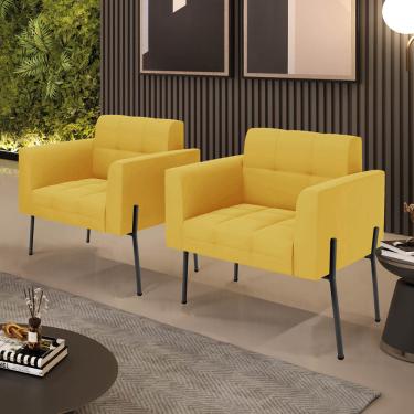 Imagem de Poltrona Sala Decorativa Kit 2 Elisa Pé Aço Lateral Preto Veludo Mostarda D03 - D'Rossi