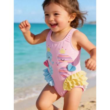 Imagem de Maiô Biquíni Infantil Cavalo Marinho Unicórnio Babado Rosa F - Genéric
