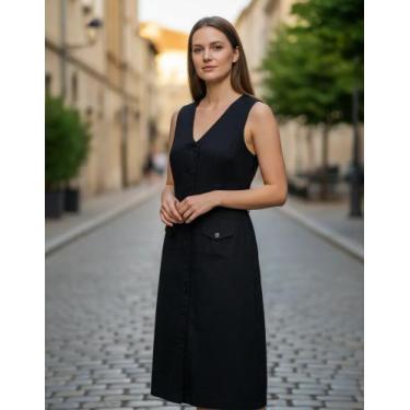 Imagem de Vestido Feminino Midi Botões Linho FIA MODAS, Preto, P VESTE 38/40