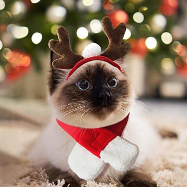 Imagem de PETLESO Fantasia de Natal para cães, chifres de rena de Natal com cachecol para gato, cachorro pequeno e médio