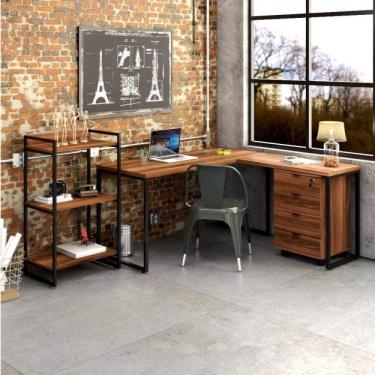 Imagem de Escritório Completo com Mesa para Computador, Estante Livreiro e Gaveteiro Volante Espresso Móveis Nogal/Preto