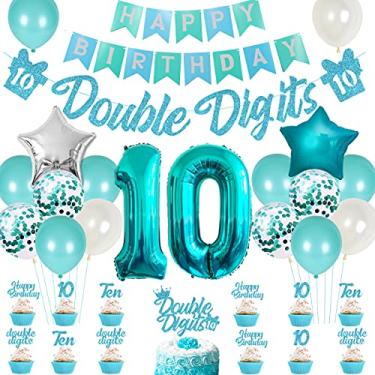 Imagem de Decorações de aniversário de 10 anos para meninas azul-petróleo, artigos de festa de dois dígitos, banner turquesa, topos de bolo e cupcake, número 10, balões de hélio, balões de estrela, para decorações de festa de meninas de 10 anos