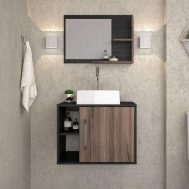 Imagem de Conjunto para Banheiro Gabinete com Cuba Quadrada Q32 e Espelheira Laura 600 Yescasa Preto Ônix/Nogal