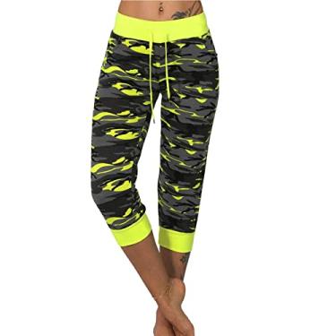 Imagem de Calças Femininas, Calças Cortadas Elegantes Com Estampa Camuflada Com Cordão Casual para Escritório (XL)