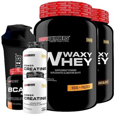 Imagem de Kit 2x Waxy Whey Protein 900g + 2x Power Creatina 100g + BCAA 4,5 100g + Coqueteleira - Bodybuilders (Chocolate e Paçoca)