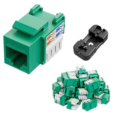 Imagem de Iwillink Conector Keystone Cat6 de 10 Gbps, RJ45 Keystone Jack pacote com 25 e suporte Keystone Punch-Down, inserção de conector Ethernet modular UTP 90 graus, adaptador de conector keystone, verde