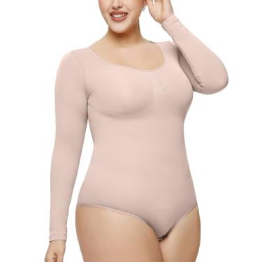 Imagem de Aokivvy Body feminino com controle de barriga, sem costura, manga comprida, gola redonda, modelador de tanga sexy, Bege, P