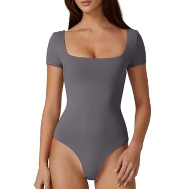 Imagem de QINSEN Body feminino com gola quadrada, manga curta, camada dupla, camiseta moderna, Cinza escuro, M