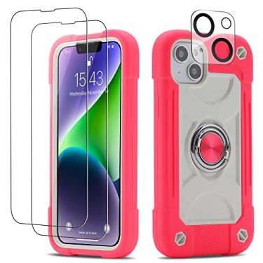 Imagem de Cookiver Capa para iPhone 14 Plus de 6,7 polegadas com suporte de anel, com 2 pacotes de película de vidro + 1 pacote de protetor de lente de câmera, capa resistente à prova de choque de grau militar (rosa choque)