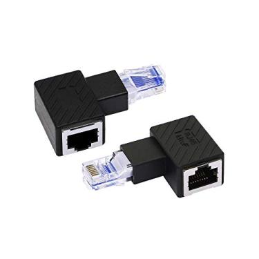 Imagem de RIIEYOCA Adaptador Ethernet de 90 graus, conector de rede LAN Cat6 de extensão macho para fêmea RJ45 de ângulo esquerdo, para computadores, laptops, roteadores (pacote com 2)