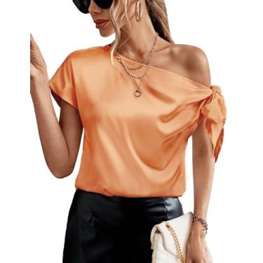 Imagem de AISWI Blusas femininas 2024 de cetim com ombro de fora, elegante, casual, manga curta, gola assimétrica, camisas de seda, Caqui, XXG