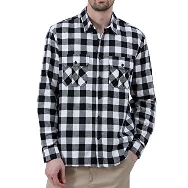 Imagem de FastRockee Camisa masculina xadrez de flanela abotoada manga longa casual algodão ajuste regular, Branco, G