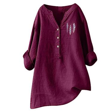Imagem de Camisa feminina de botão, mistura de algodão e linho, manga comprida, gola V, casual, solta, para trabalho, Rosa choque, G