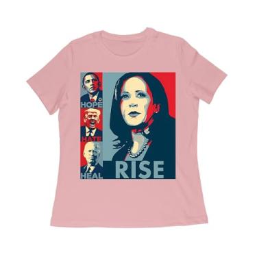 Imagem de Camiseta com estampa política Hope, Hate, Heal, Rise – Arte inspiradora ousada com Kamala, Obama, Trump e Biden, Orquídea, 3G