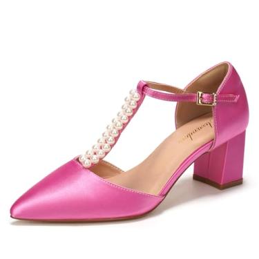 Imagem de Elivandon J1587 Sandália Feminina de Cetim Bico Fino Salto Médio 6cm Bloco Dupla Pérola Tira em T Noiva Festa Casamento Cor Rosa Choque,Tamanho BR 39/EU 41