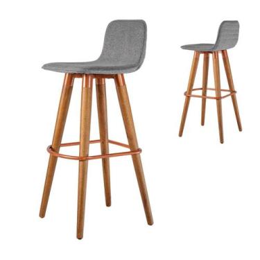 Imagem de Kit 2 Banquetas Línea Madeira em Verniz PU Cinza Cobre - UniDecor