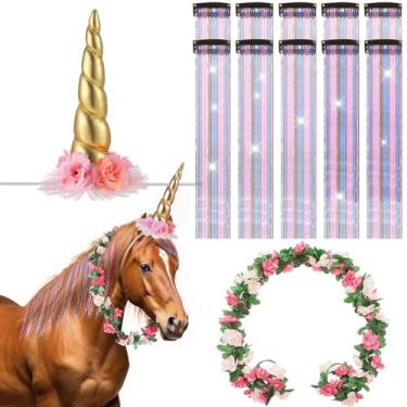 Imagem de XunYee 12 peças de acessório para cavalo, inclui faixa de cabeça floral, chifre espiral, 10 crina e cauda de cabelo de pônei cintilante e videira rosa rosa para decoração de festa de aniversário de