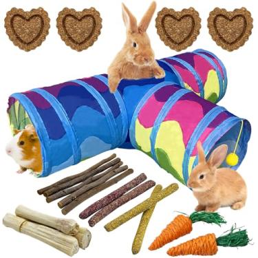 Imagem de BNOSDM Túnel de coelho, túnel dobrável de 3 vias para coelhos, esconderijo portátil de porquinho-da-índia, tubos de atividade para pequenos animais com brinquedos de mastigar para gatinho e coelho