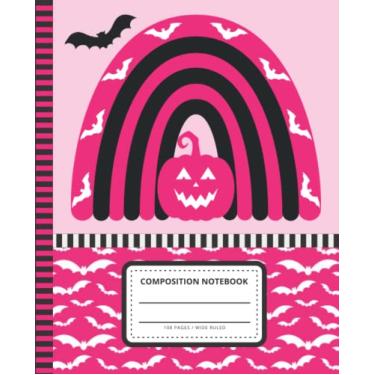 Imagem de Pink Halloween Composition Notebook Wide Ruled: 7.5 x 9.25 Blank Paper / 108 Pages/Stationery Gift for Note Taking - Writing - Doodles/Boho Rainbow Bat Pumpkin Fun Holiday Decor Art Theme Cover