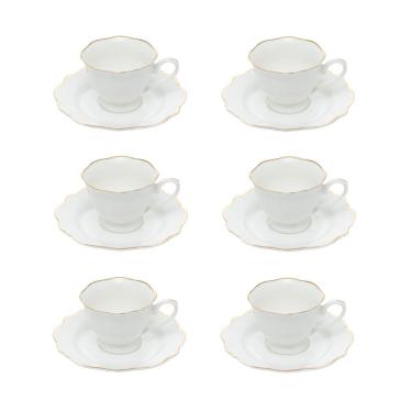Imagem de Cj 6 Xícaras P/Café C/Pires de Porcelana Branca Maldivas C/Filete Dourado 80ml Wolff