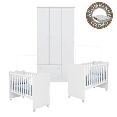 Imagem de Quarto de Bebê Gemeos Berço c/Rod Colchão Light e Guarda Roupa Doce So