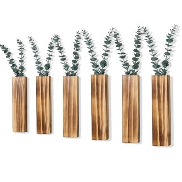 Imagem de Pacote com 6 vasos de parede de madeira com 12 peças de eucalipto artificial, decoração de parede de plantas para sala de estar, quarto, banheiro, escritório, vaso de parede com plantas falsas, marrom