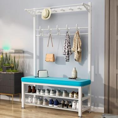 Imagem de Cabideiro, árvore de corredor com banco de sapatos para entrada, com banco de armazenamento de sapatos 3 em 1 sapateira de diferentes alturas, banco de entrada com cabide, móveis de madeira com