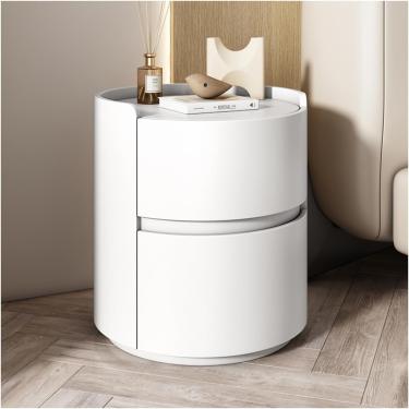 Imagem de Mesa de cabeceira redonda de couro de microfibra com 2 gavetas de madeira moderna mesa lateral armário de armazenamento de madeira maciça para quarto sala de estar, branco, 40 x 50 cm