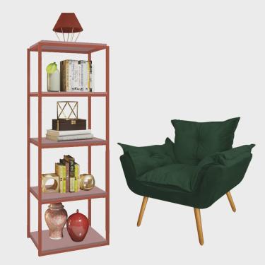 Imagem de Kit Poltrona Fatte com Estante Livreiro Ferro Bronze mdf Rose Suede Verde Musgo - Ahazzo Móveis