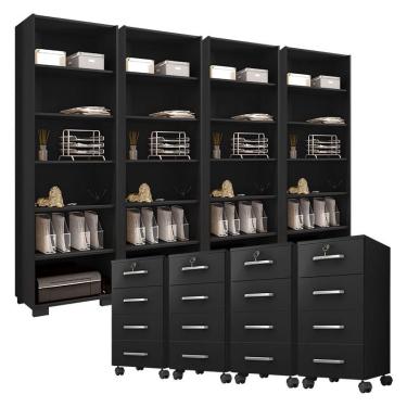 Imagem de Kit 4 Gaveteiros para Escritório Gávea com Chave e 4 Livreiros Office Preto Fosco – Móveis Leão