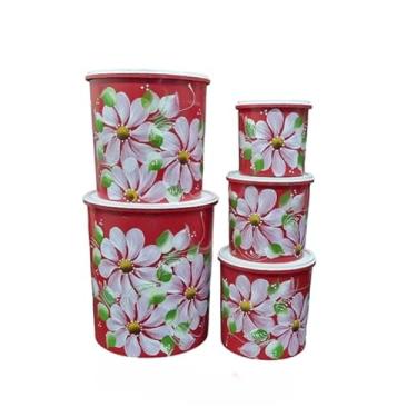 Imagem de Kit Mantimento 5 Peças Decorado A Mãojogo De Mantimento Lata Plástico,Organizador Alimentos(VERMELHO MARGARIDA,5 peças)