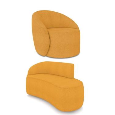 Imagem de Sofá 2 Lugares Orgânico 140cm Morgan E Poltrona Lua Bouclê Mostarda D03 - D`rossi
