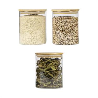 Imagem de Kit 3 Potes Herméticos Organizadores de Alimentos Condimentos em Vidro Borossilicato Tampa Bambu Utensílio Multiuso