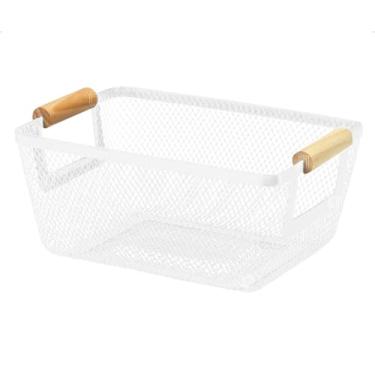 Imagem de Cesta Fruteira Aramado Com Alça Dupla Em Madeira Multiuso Organizador Cabo Bambu Cozinha Piquenique (Branco)
