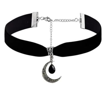 Imagem de Rrdaily Colar gótico de cristal de lua estilo punk colar com pingente de lua vintage preto crescente, colares góticos escuros, bijuterias de fantasia, joias de ano novo para mulheres, Large, Cristal